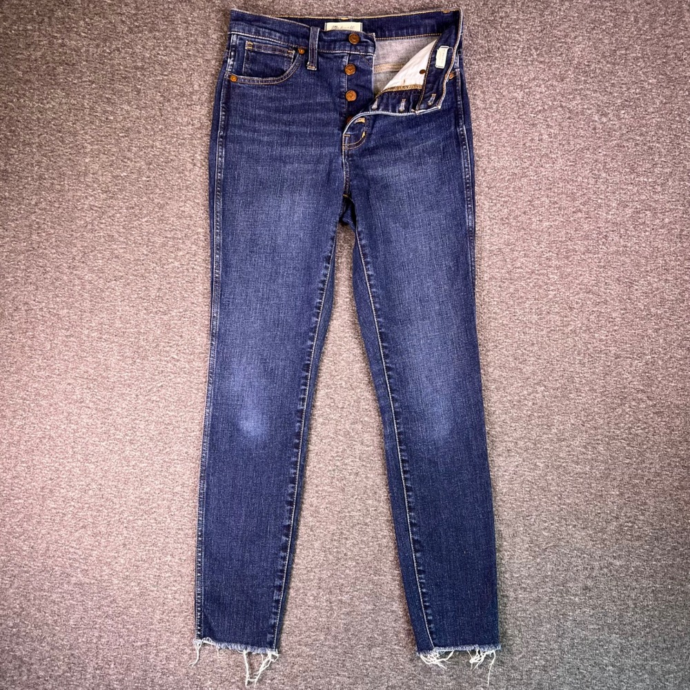 Madewell Womens 27 High Rise Skinny Jeans Dark Wash Button Fly Frayed Hem Grunge